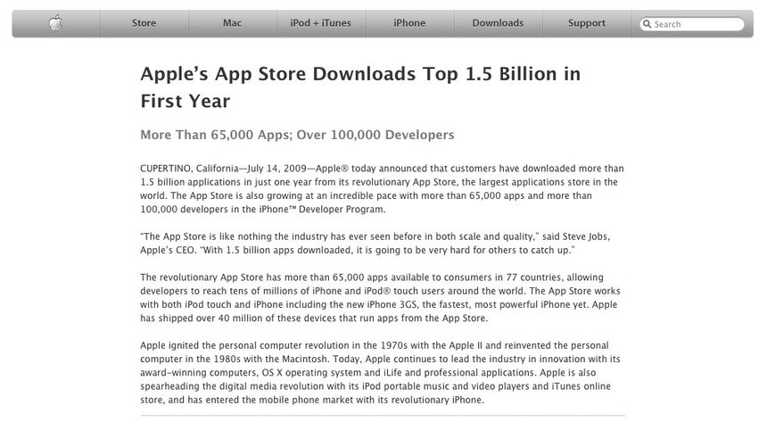Téléchargements AppStore : 1,5 Milliard pour sa première année